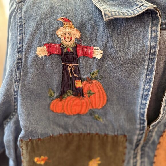 Vintage Cottagecore Fall Autumn Embroidered Patchwork Denim Jacket XL Pumpkin 90 - Picture 5 of 16